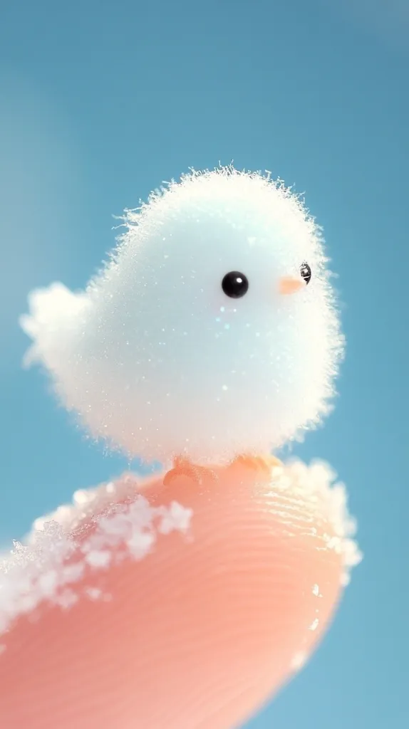 A fluffy, white chick with large black eyes perches on a finger covered in tiny, white specks. The chick's feathers are soft and appear to be covered in frost. The background is a bright, light blue. The image creates a sense of cuteness and fragility.