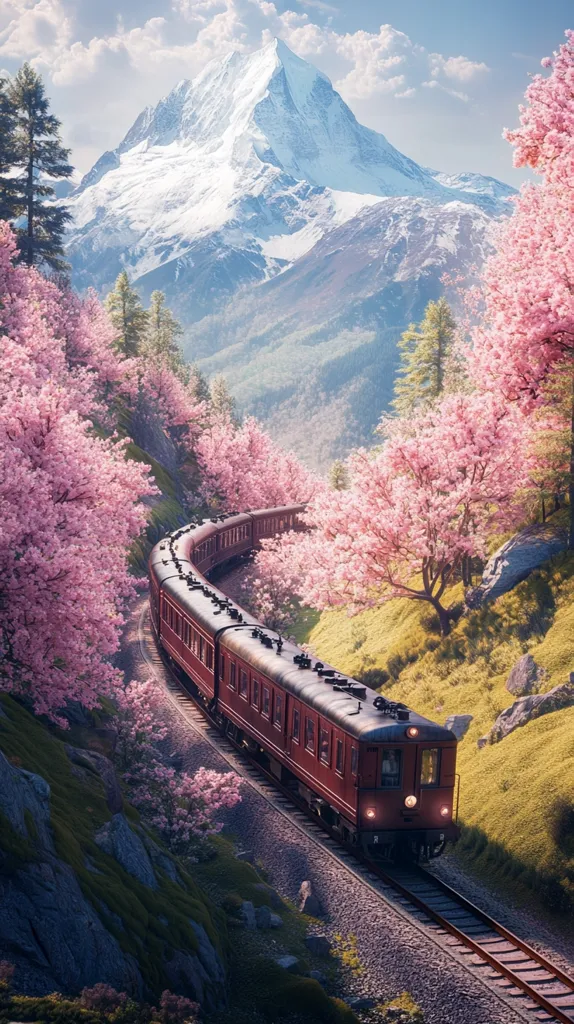 A red train winds its way through a mountain pass, passing beneath a canopy of vibrant pink cherry blossoms. The snow-capped peak of a majestic mountain rises above the scene, its slopes bathed in soft sunlight. The air is filled with the scent of springtime, and the image evokes a sense of serene beauty and tranquil travel.
