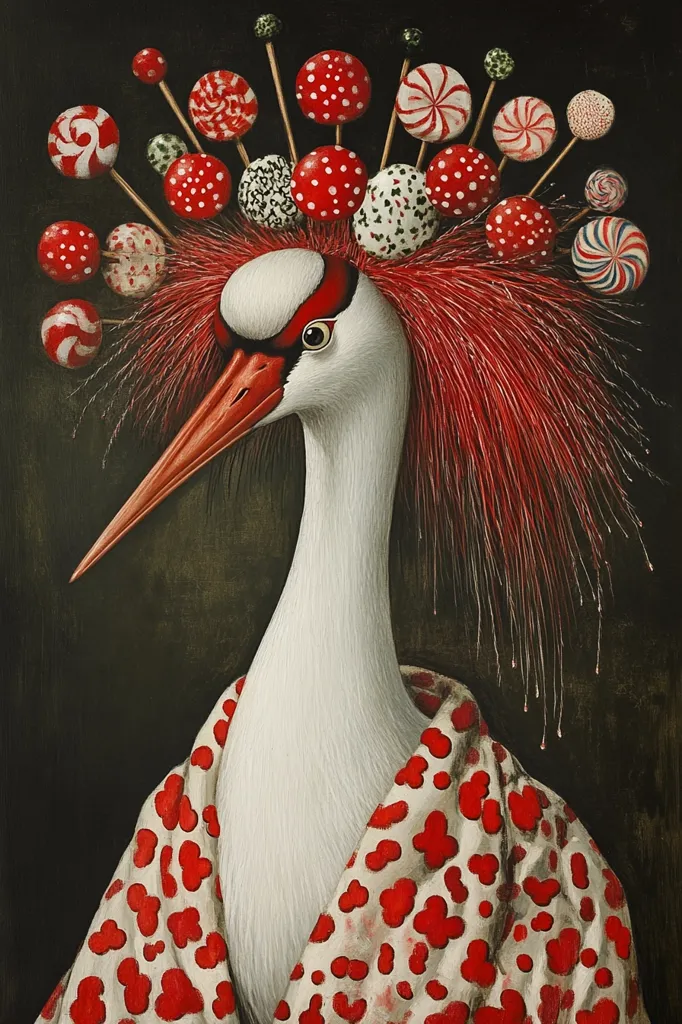A white crane with a long, thin red beak is depicted with a flamboyant headpiece made of red, white, and green candy-like objects on sticks. Its red, feathery crest peeks out from underneath, and it wears a white garment with red polka dots. The background is a dark green, adding to the overall festive and whimsical feel of the artwork.  The bird’s elegant posture and bright attire suggest a celebratory or festive occasion.