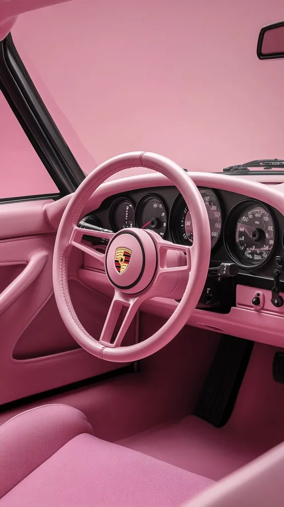 A pink Porsche interior with a black steering wheel and pink leather seats. The dashboard is filled with gauges and the car has a black rearview mirror. The interior is modern and sleek, with a minimalist design. The pink color is eye-catching and adds a touch of whimsy to the car.