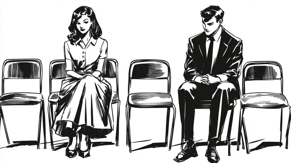 A man and a woman sit in chairs, facing away from each other. The woman is wearing a dress and has her hands clasped in her lap. The man is wearing a suit and has his hands clasped in front of him. The chairs are simple and have metal frames. They appear to be in a waiting room, perhaps for a job interview or some other formal occasion. The image is drawn in black and white, giving it a classic and timeless feel.