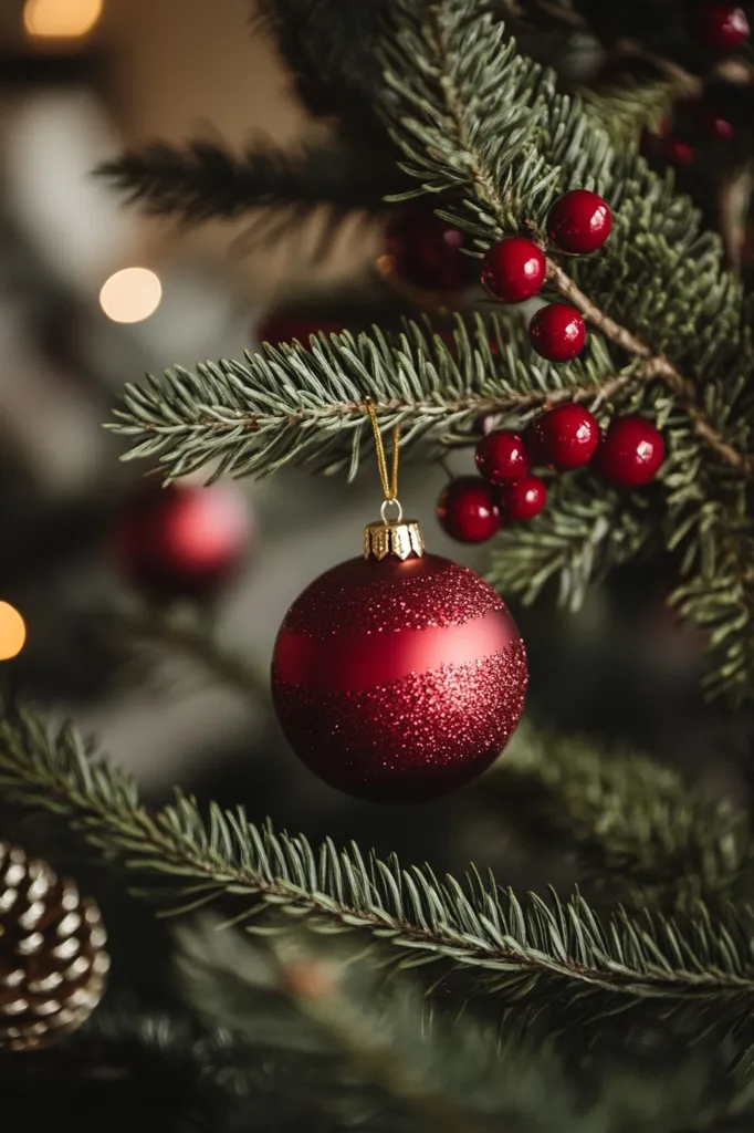 A close-up of a red Christmas ornament hanging from a Christmas tree branch. The ornament is sparkly and round. The branch is covered in dark green needles. There are several red berries on the branch, giving a festive feel. The background is blurred and out of focus, highlighting the ornament and branch.