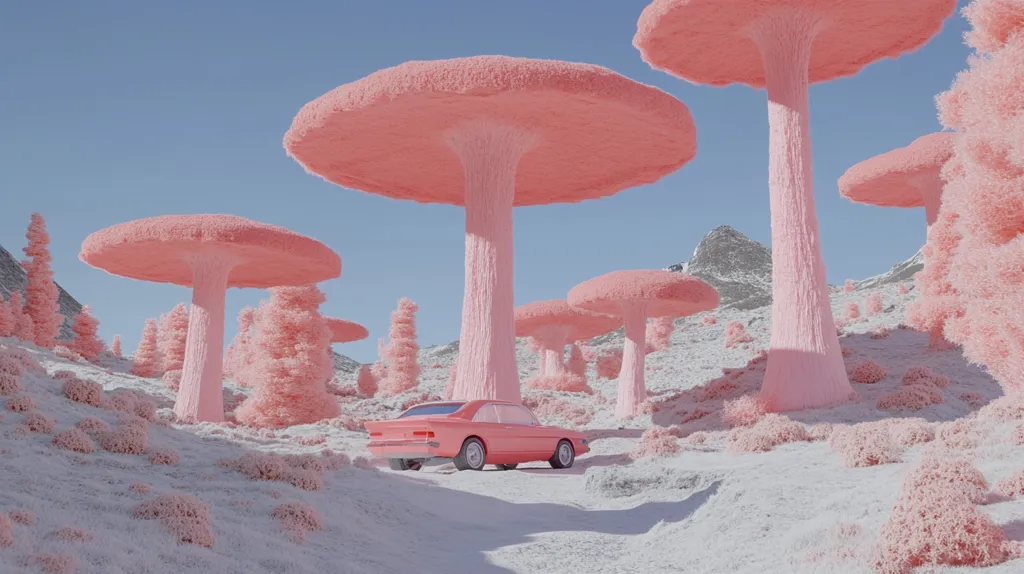 A pink car sits in a surreal landscape of giant, fuzzy pink mushrooms. The mushrooms rise high in the sky, their caps casting large shadows. The ground is a white, snowy expanse. The scene is both whimsical and otherworldly.  The bright, vibrant colors create a sense of playful fantasy.