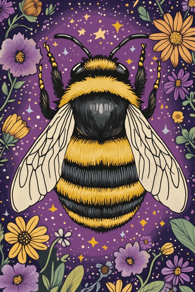 A large bumblebee with yellow and black stripes is surrounded by flowers. The bee's wings are spread wide and it has a fuzzy body. The background is a vibrant purple with sparkling white dots and gold stars.  The illustration is a whimsical and colorful depiction of a bee in its natural habitat.