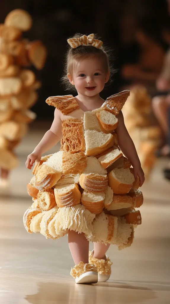 A young girl walks down a runway wearing a dress made entirely of bread. The dress is a  multi-layered construction of various bread types, including sliced bread, rolls, and loaves, creating a unique and edible ensemble. The girl is smiling, showcasing the playful and creative nature of the design. The white shoes she wears are a contrasting element to the brown bread.