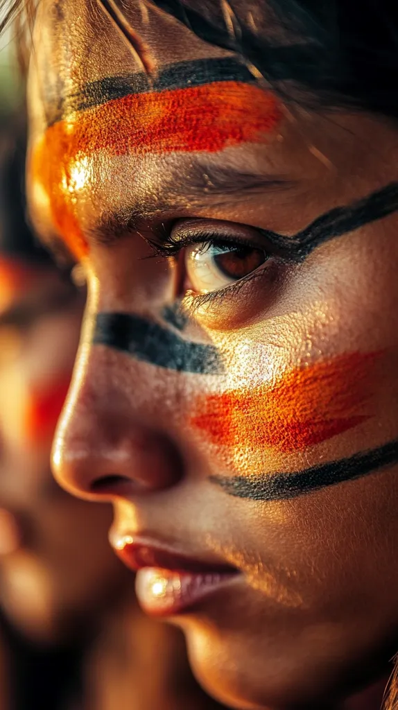 A close-up shot of a woman's face, painted with bold black and orange lines. The woman's eyes are looking directly at the camera, with a serious expression. Her skin is tanned and glowing, and the light catches the highlights in her makeup. The background is blurred, focusing the attention on the woman's face.  The image evokes a sense of strength and individuality.