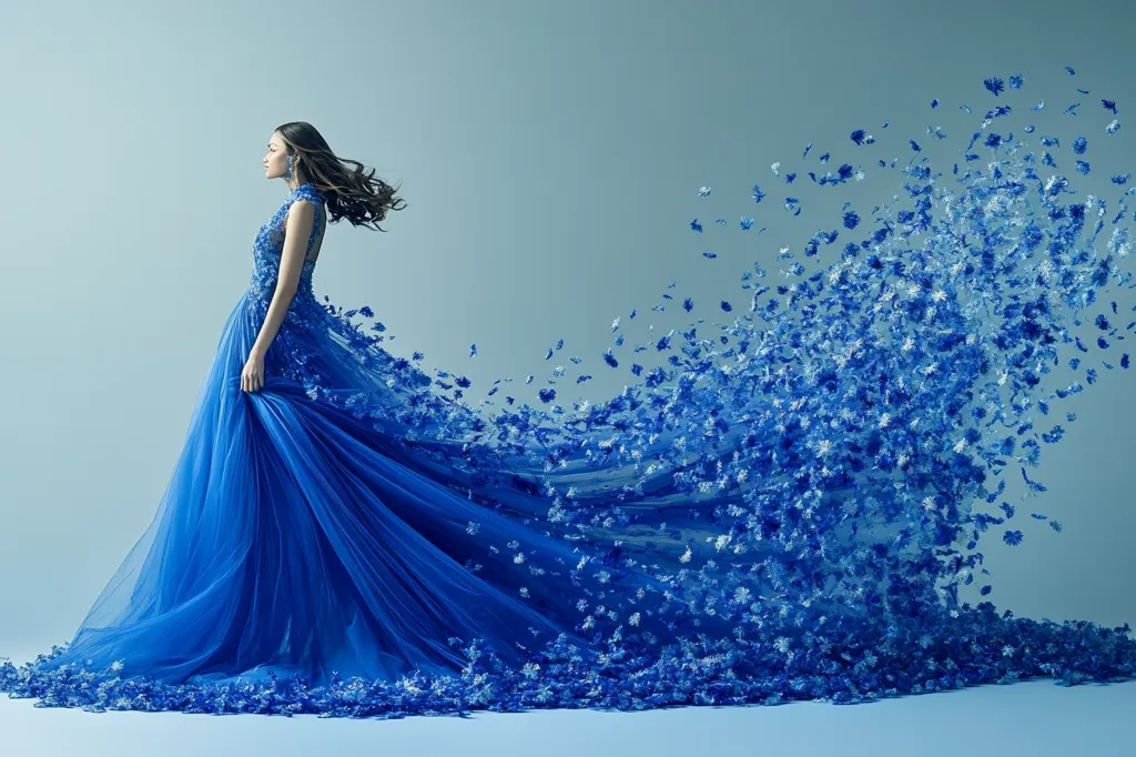 A woman in a flowing blue gown stands against a light blue backdrop. The dress is adorned with intricate floral details. The fabric billows out behind her, creating a wave of blue petals that seem to be swirling and dancing in the air. The overall effect is ethereal and dreamlike.