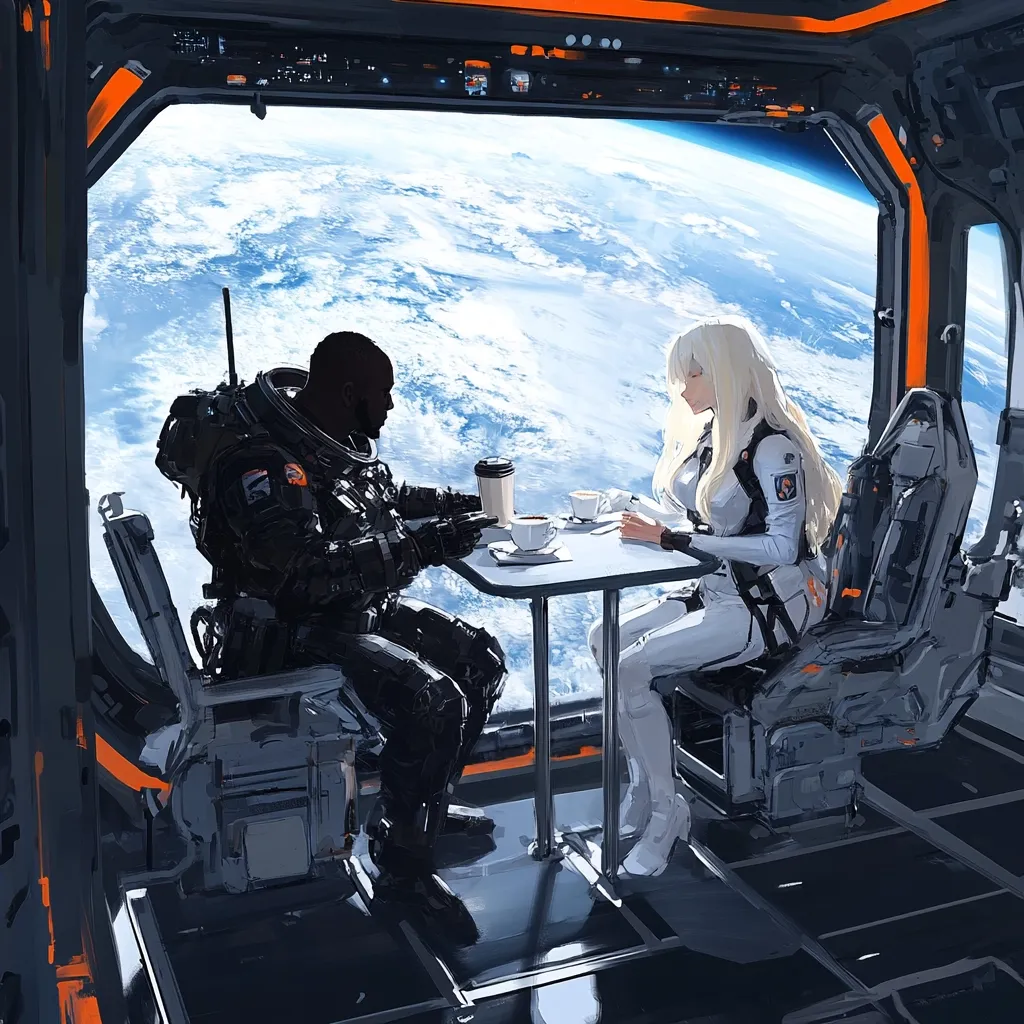 Two astronauts, one male and one female, sit at a table inside a spaceship, sharing a meal and enjoying the view of Earth through a large window. The male astronaut wears a dark spacesuit while the female astronaut wears a white one. The spaceship's interior is sleek and futuristic, with gray and orange tones dominating the design.  The image creates a sense of wonder and awe as the astronauts gaze at the breathtaking view of their home planet.