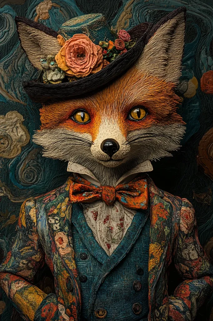 A fox, dressed in a dapper suit, stands against a swirling background resembling Vincent van Gogh's "Starry Night." He wears a black hat adorned with flowers, a crisp white shirt, and a vibrant orange bow tie. His fur is reddish-brown, and his eyes are piercing and intelligent.  The fox's attire and pose convey a sense of sophistication and charm.