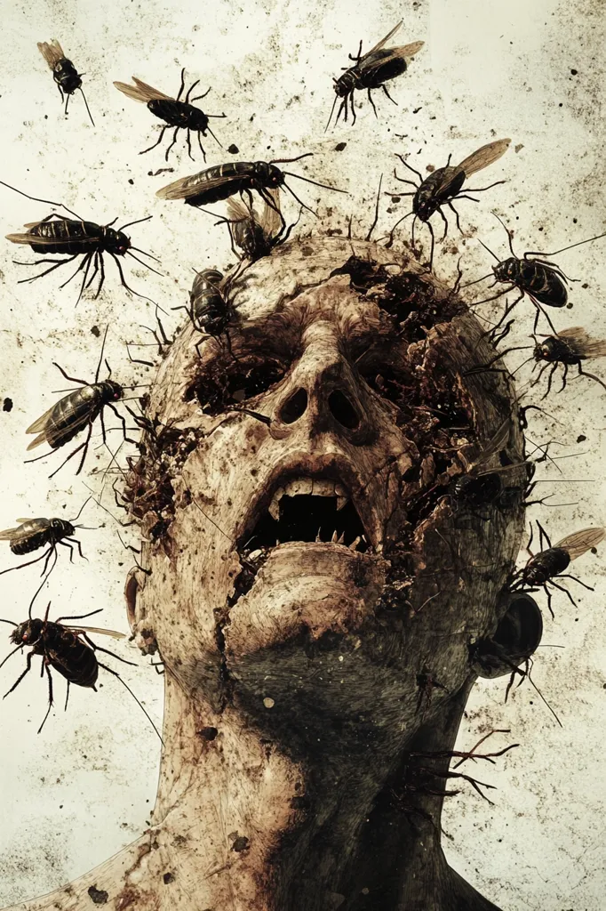 A close-up shot of a decaying, grotesque face with a gaping mouth, revealing sharp teeth. It's covered in flies and has a creepy, unsettling look. The background is a dirty, beige texture, further enhancing the horrifying atmosphere of the image. The overall impression is disturbing and repulsive, creating a sense of disgust and fear.