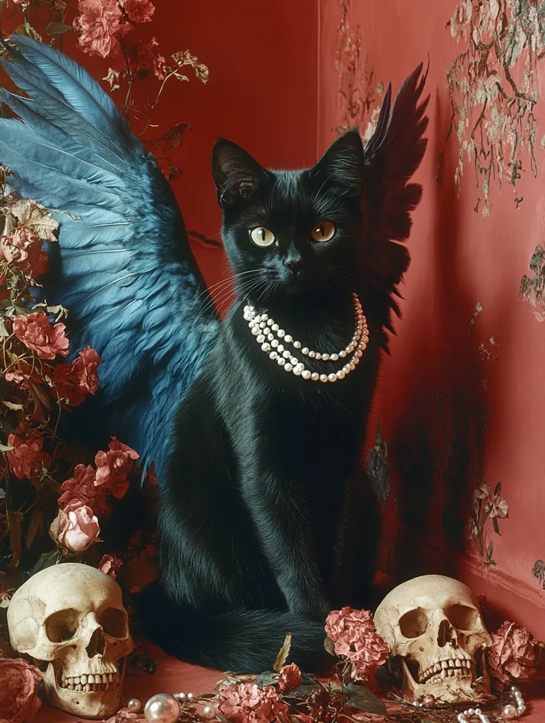 A black cat with blue feathered wings and a pearl necklace sits against a red wall with skulls and dried roses at its feet. The cat stares directly at the camera with an air of mystery and elegance. The composition is a mix of darkness and beauty, creating a captivating and dramatic image.