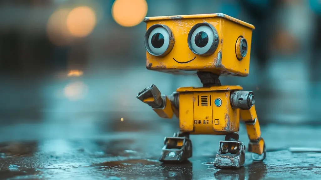 A small, yellow robot with large, googly eyes stands on a wet, reflective surface. Its body is weathered and worn, giving it a vintage look. The robot appears to be friendly, with a slight smile etched on its face. Out of focus, blurred lights can be seen in the background, adding a sense of depth to the image.  The robot is the main focus, with a strong sense of personality and charm.