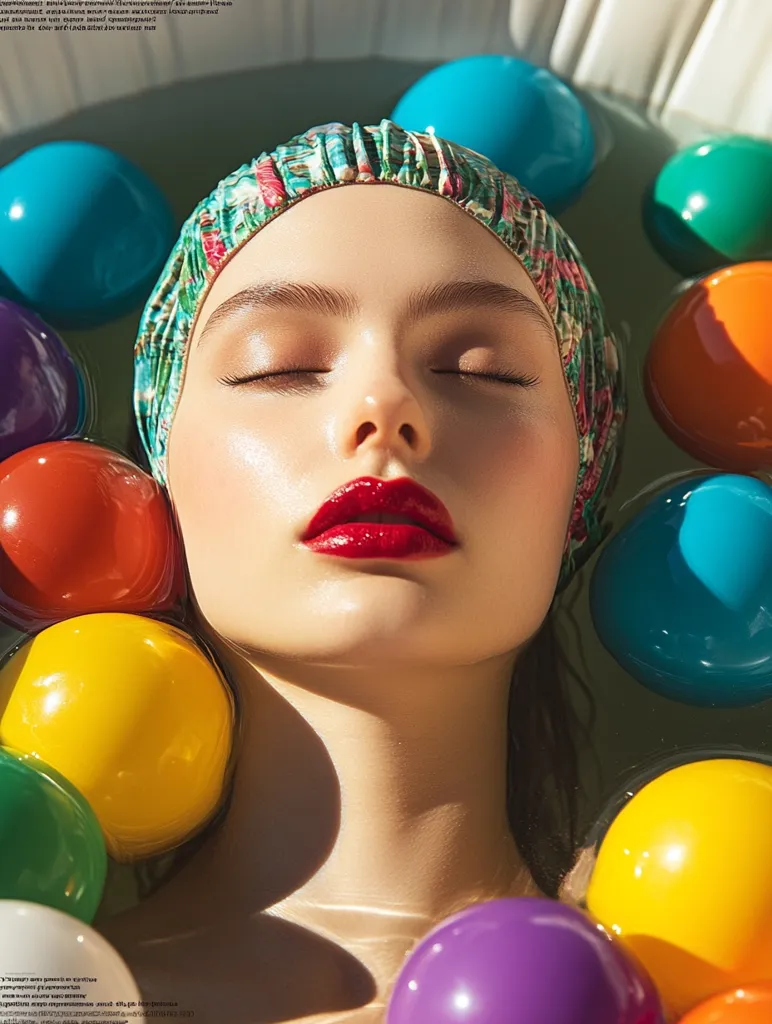 A glamorous woman in a vogue photoshoot, posing in an inflatable pool filled with colorful balls. She wears a vintage swimming cap and has vibrant red lips. The text "primitive" is displayed at the top of the photo. The colors are bright, including green, yellow, blue, purple, black, orange, white, red, and green, set against a white background. The lighting is natural and soft. --ar 3:4 --s 250 --style raw