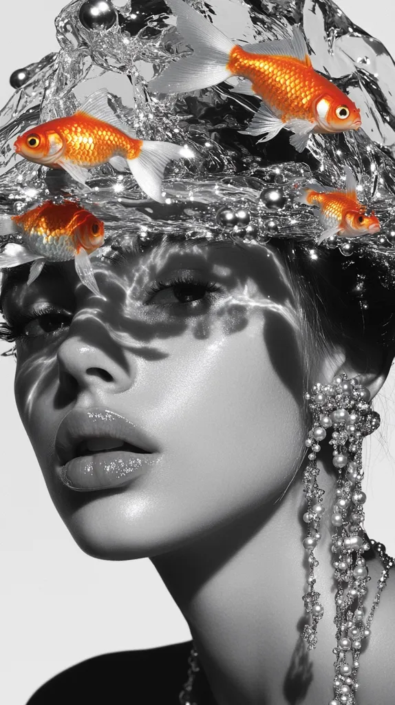A woman with a black and white face, with a delicate pearl earring in her right ear, is partially submerged in a wave of water. The water is clear, and the woman's face and neck are visible through the water. Three goldfish swim in the water, two of them above the woman's face and one below. The image is a surreal and dreamlike portrait, with the woman appearing to be both in and out of the water.  The image is a mix of abstract and realistic elements. The use of black and white highlights the textures of the water, skin, and the woman's features.