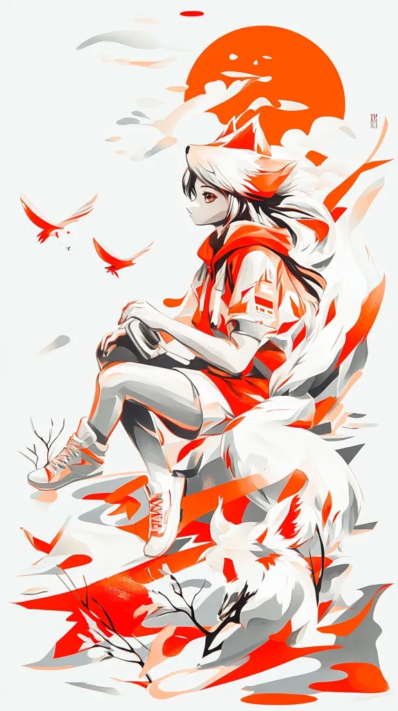 The image depicts a young woman with fox ears and a red hoodie, sitting on a rock with a large white fox by her side. The background is a stylized sunset with white clouds and red hues. The overall design is bold and colorful, with an emphasis on geometric shapes and bold lines. The image has a dreamlike and fantastical feel, inviting the viewer into a world of imagination.