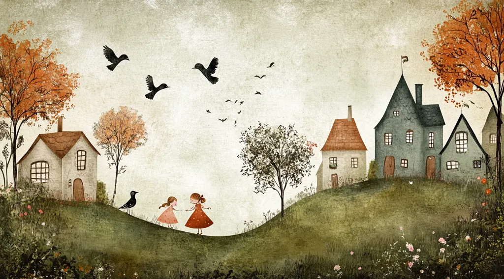 The illustration depicts a charming countryside scene with quaint houses, lush greenery, and a touch of whimsical charm.  Two girls in red dresses walk along a rolling hill, while birds fly overhead.  The houses are painted in soft, muted tones, and the surrounding foliage is vibrant and full of life.  The overall tone of the illustration is peaceful and serene, creating a sense of tranquility and beauty.