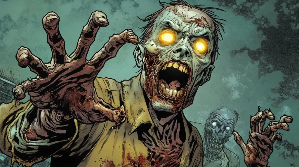 The image depicts a horrifying zombie, with decaying flesh and glowing eyes, reaching out with a clawed hand. Its mouth is open in a silent scream, revealing rotting teeth. Behind it, a second zombie with similar features can be seen, adding to the chilling scene. The image is rendered in a detailed and realistic style, creating a sense of unease and horror.