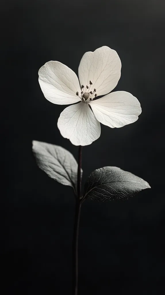 A single white flower with delicate petals and a dark center stands out against a stark black background. The flower's delicate stem supports two dark green leaves, adding a subtle contrast to the monochrome image. The minimalist composition creates a sense of elegance and serenity, emphasizing the beauty of the lone bloom.