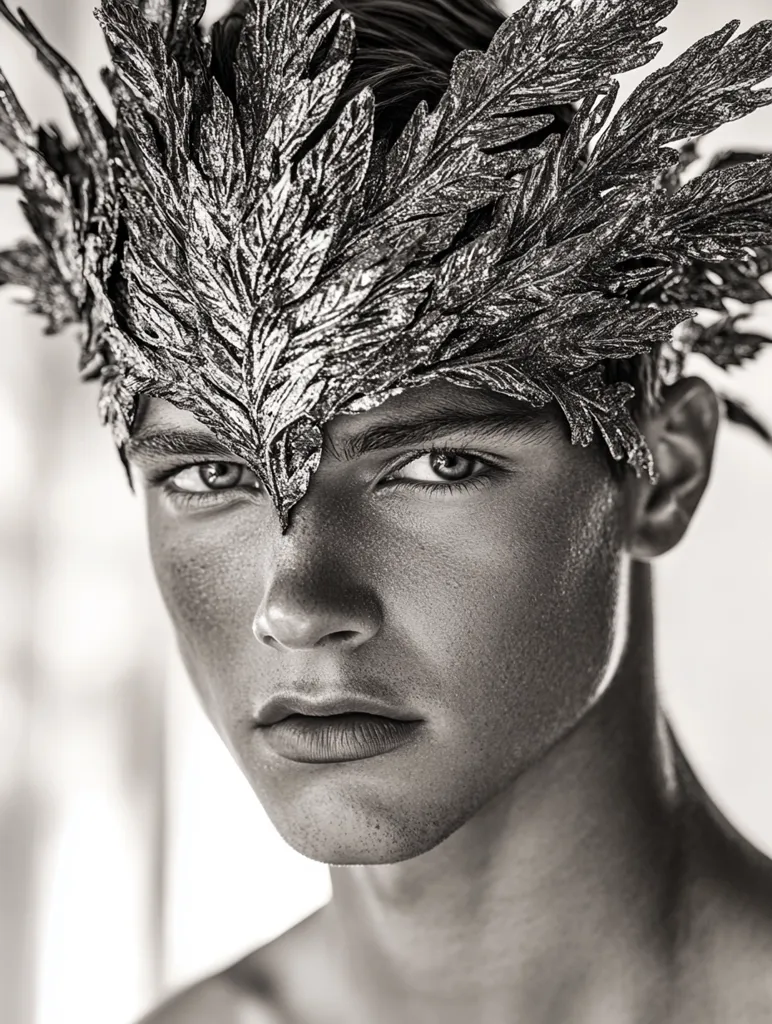 A young man with a serious expression wears a crown of ornate silver leaves that obscure his forehead. His eyes are prominent, and his mouth is closed in a thin line. The photograph is in black and white, highlighting the details of the crown and the man's features. The image has a dramatic and ethereal quality.