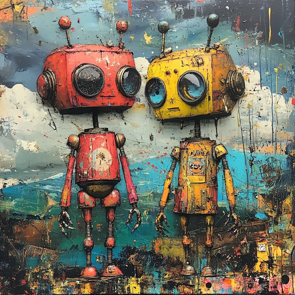 The painting depicts two robots standing side by side against a vibrant abstract background. The robot on the left is red, while the robot on the right is yellow. They have large, expressive eyes and are made of textured, metallic materials. The background is a chaotic mix of colors and shapes, giving the painting a sense of energy and movement. The robots appear to be looking at each other, suggesting a connection or conversation.  The overall feel of the painting is playful and whimsical.