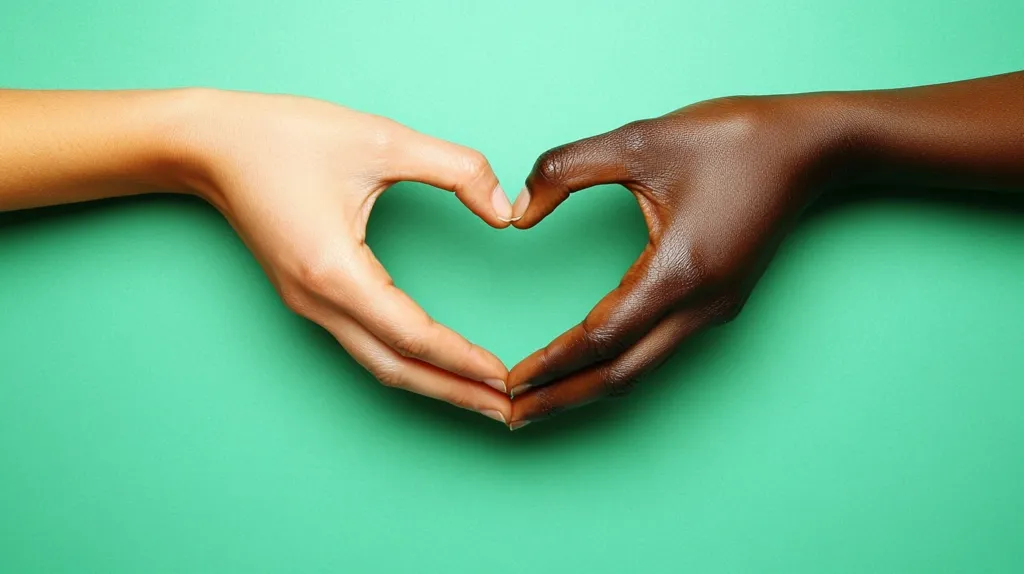 Two hands, one light-skinned and one dark-skinned, form a heart shape against a bright green background. Their fingertips touch in the center, creating a symbol of unity and love. The image emphasizes the beauty of diversity and the importance of inclusivity.