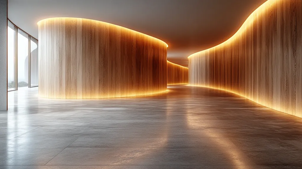 The image shows a modern, minimalist hallway with curved wooden walls and a concrete floor. The walls are lined with warm, yellow lighting that illuminates the space. The hallway leads to a large window overlooking a scenic landscape. The image captures a sense of tranquility and openness.