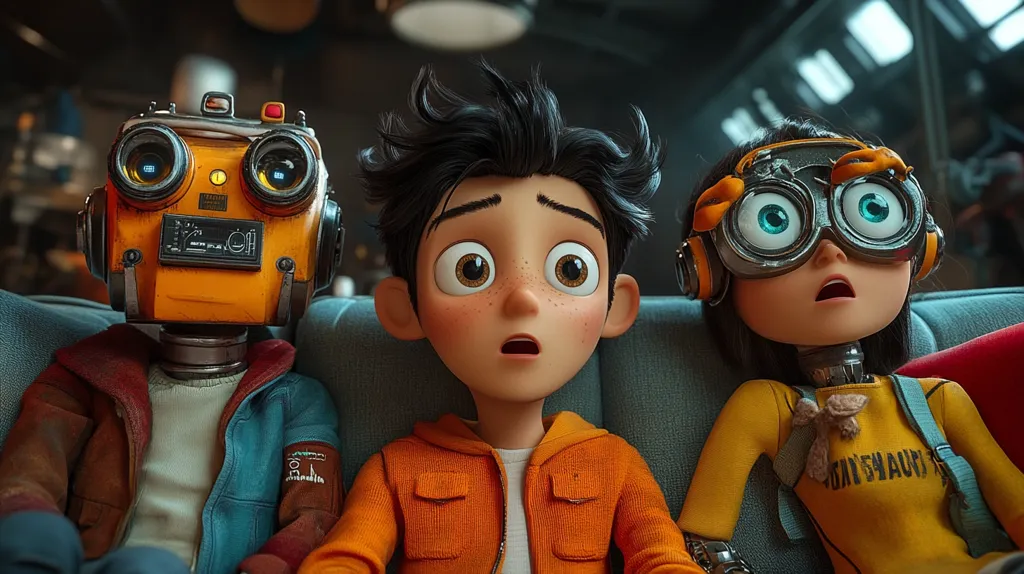 The image shows three animated characters: a boy and two robots. The boy is wearing an orange hoodie and has a surprised expression on his face. The robot on the left is wearing a blue jacket and has a large, round head with two large eyes. The robot on the right is wearing a yellow shirt and has large goggles on her head. They are all sitting on a couch and looking up at something off-screen. The image suggests a scene of suspense or excitement.