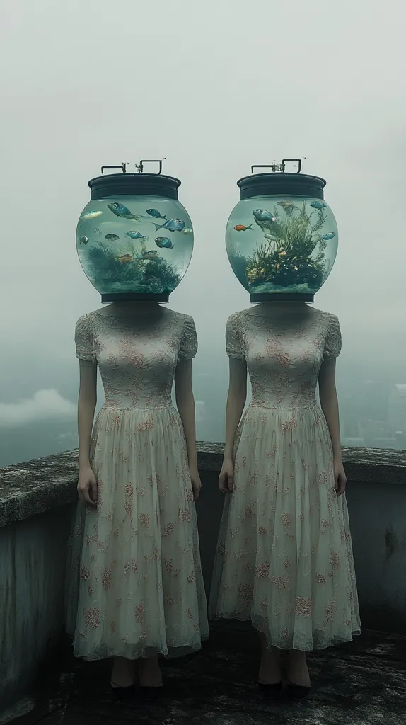 Two women stand on a concrete platform wearing white, floral dresses. They have fish bowls on their heads with water and small fish swimming inside. The background is a foggy, gray landscape. The image is eerie and surreal.