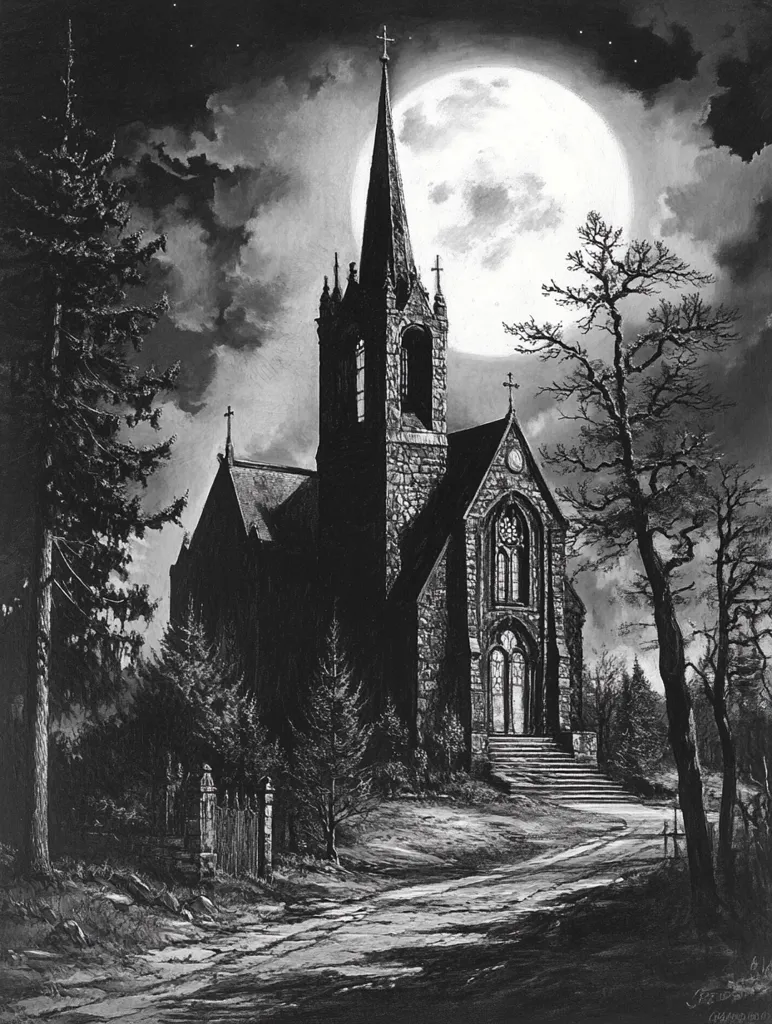 A tall, gothic church with a pointed spire stands against a night sky illuminated by a large, full moon. The church is surrounded by trees and a winding path leading to its entrance. The scene is depicted in black and white, giving it a haunting and atmospheric feel. The image evokes a sense of mystery and the passage of time.