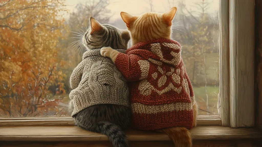 Two cats, one grey and one orange, are sitting on a windowsill wearing knitted sweaters. They are looking out the window at the autumn foliage. The grey cat is wearing a grey sweater with a cable knit pattern and the orange cat is wearing a red and white sweater with a snowflake pattern. The scene is cozy and warm.  The windowsill is made of wood and the window frame is white. The background is blurry and shows an autumnal landscape.