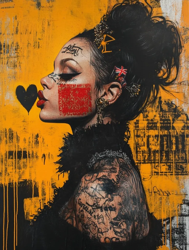 The painting is a portrait of a woman with a large, black bun. She is looking to the left and blowing a kiss, with a black heart floating beside her. Her face is covered in black and red markings that resemble tattoos. She is wearing a black garment with a gold necklace, and has gold jewelry in her ear. The background is a textured, yellow and black pattern. The overall feeling of the piece is one of strength and resilience.