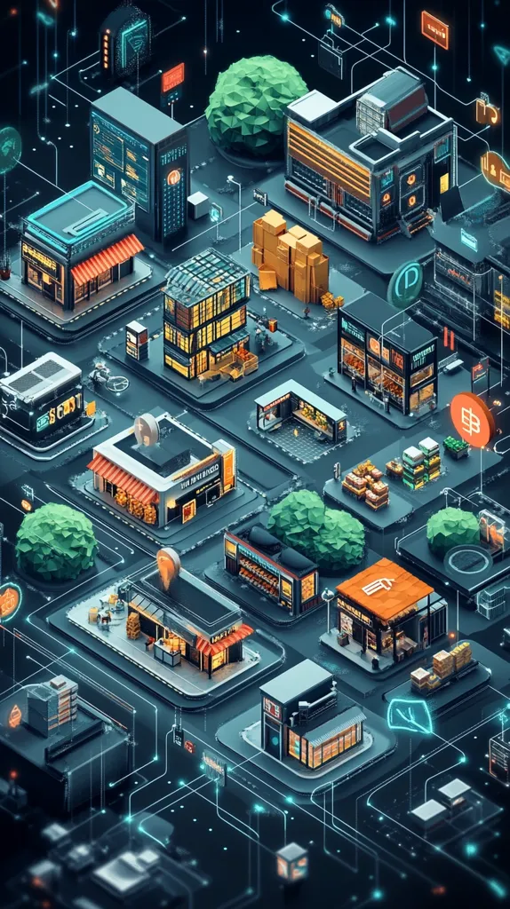 A futuristic city scape with various buildings connected by glowing blue lines. The buildings are all different shapes and sizes and feature signs with various text. The buildings have a pixelated, low-poly look. There are also trees and cars in the scene, adding a touch of realism.  The image depicts a world where technology and urban life are intertwined.