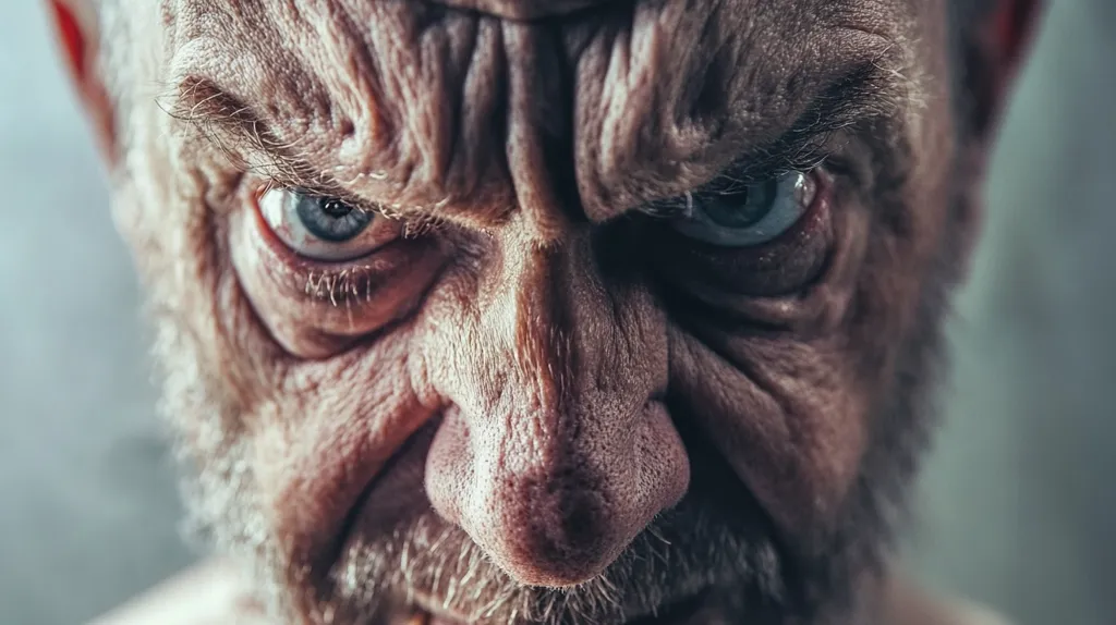 A close-up of an elderly man's face, his expression is intense and his eyes are narrowed in a fierce glare.  His wrinkled skin and furrowed brow convey a sense of anger and displeasure, while the faint wisps of white beard add a touch of age and wisdom. The image focuses on the man's face, emphasizing his sharp features and the power in his gaze.