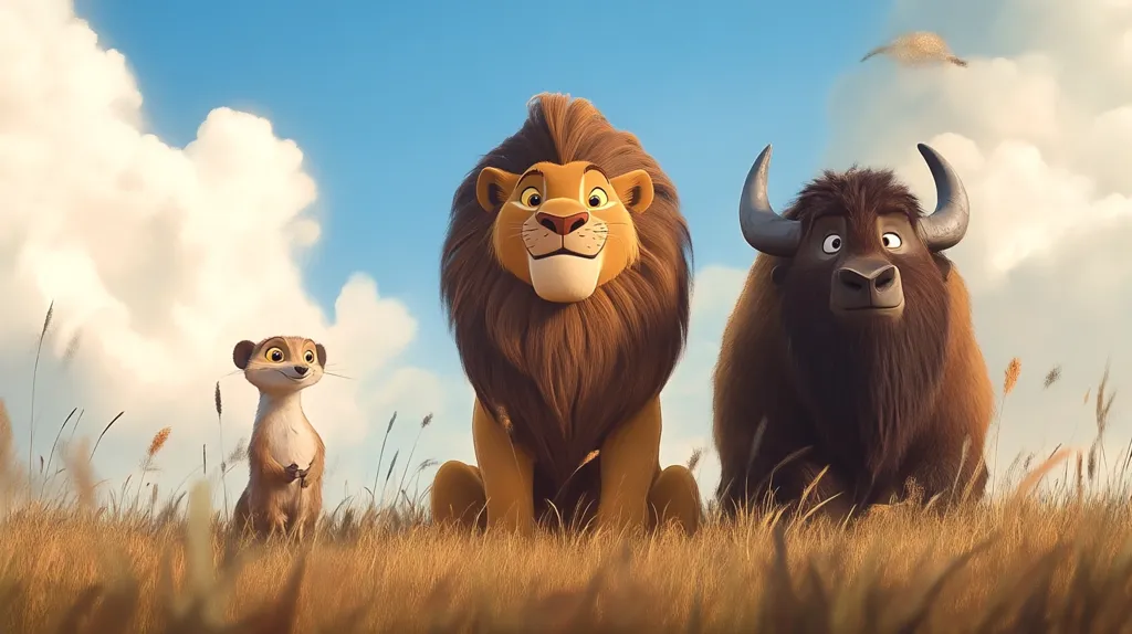 A cartoon lion with a mane sits in a field of tall grass, looking at the viewer. Next to him sits a cartoon bison, looking to the right. In the foreground, a small, cartoon meerkat sits looking to the left of the viewer. The sky is blue and cloudy.