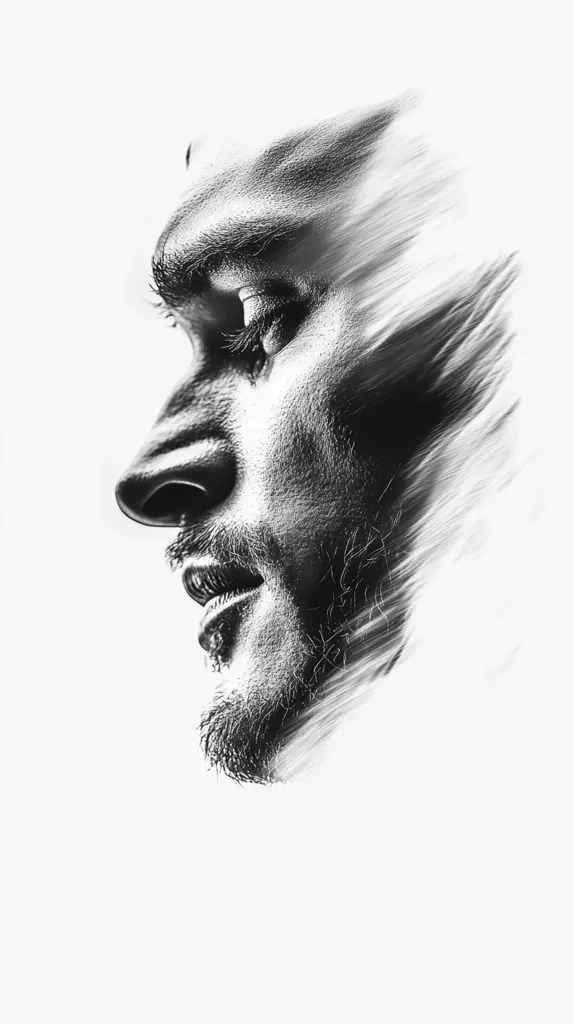 The image is a black and white portrait of a man's face. The man's face is partially obscured by a blur effect that makes it appear as if he is moving quickly. The blur effect creates a sense of motion and energy. The man's expression is serious and intense. The image is likely intended to convey a sense of power and determination.  The image is simple yet powerful, capturing a moment of intense emotion.  The use of black and white creates a dramatic effect and draws attention to the subject's features.