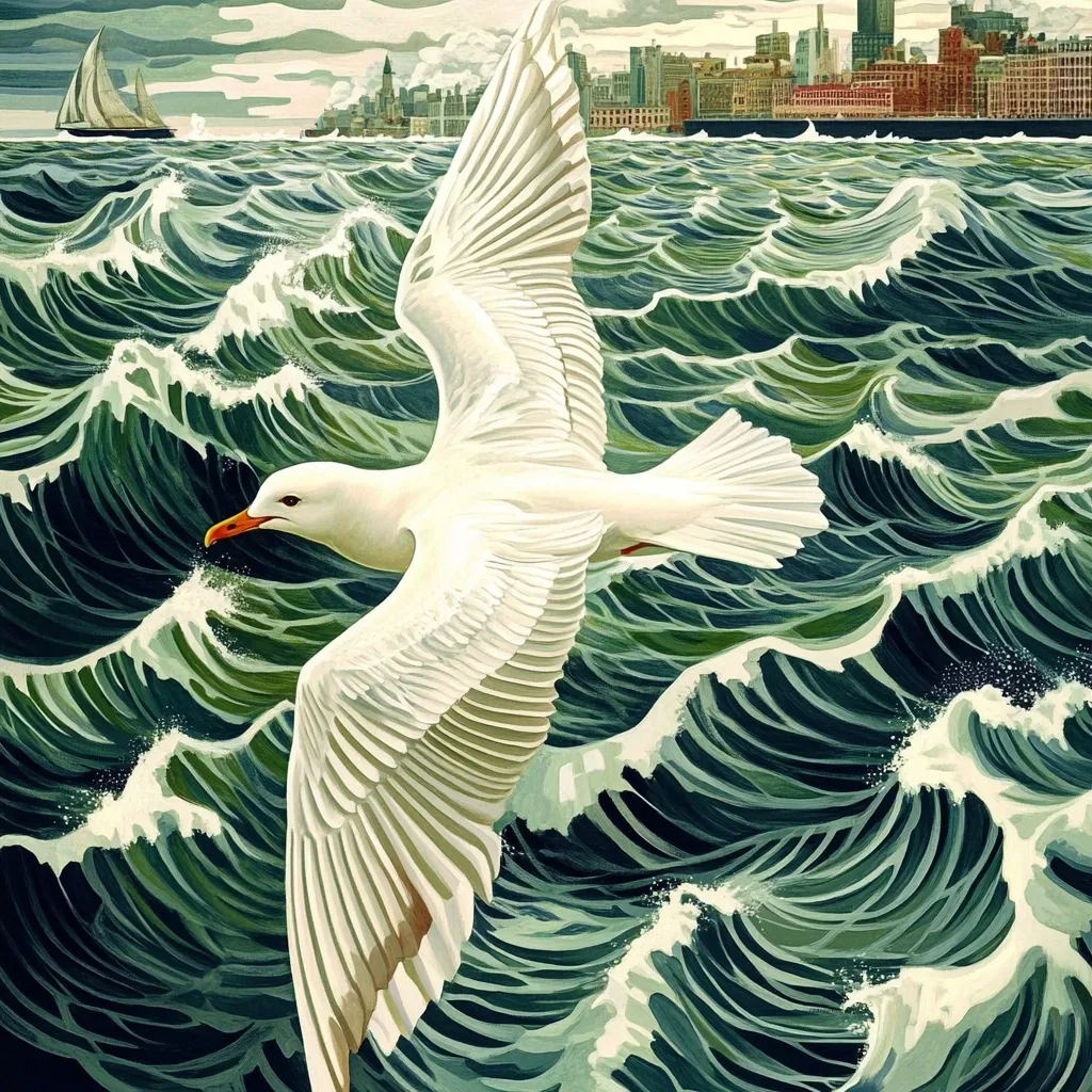 A white seagull with outstretched wings soars over a choppy, green ocean. The seagull's bright orange beak is visible in the foreground. In the distance, a cityscape with tall buildings can be seen on the horizon. The seagull is flying towards the left,  contrasting sharply with the stormy sea. The scene is captured in a style that resembles a woodcut print, with bold lines and dramatic contrasts.