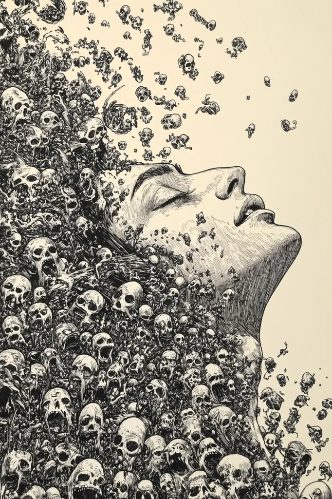 The image depicts a person engulfed by a swirling mass of skulls. The person's face is visible, with eyes closed and mouth slightly open, suggesting a state of surrender or unconsciousness. The skulls are rendered in detailed pen and ink, creating a haunting and unsettling visual. The overall effect is one of overwhelming darkness and despair. The person's expression and the sheer number of skulls create a feeling of being trapped or consumed.  The image is a powerful depiction of vulnerability and the potential for overwhelming forces to consume one's being.