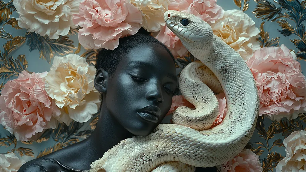 A dark-skinned woman with her eyes closed lies surrounded by large pink and white flowers. A white snake with black markings is wrapped around her, its head resting near her cheek. The background is a blue and gold patterned fabric. The image is a surreal and striking portrait that evokes a sense of beauty and mystery.