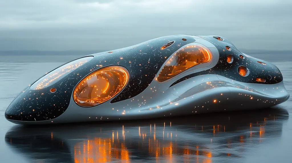 The image shows a futuristic, egg-shaped vehicle with a sleek, white exterior. The vehicle is covered in small, glowing lights that resemble stars, creating a celestial effect. The front window is large and transparent, providing a glimpse of the interior. The vehicle appears to be parked on a reflective surface, creating a distorted reflection of its shape and lights. The overall image is both sleek and ethereal, suggesting a future of advanced transportation.
