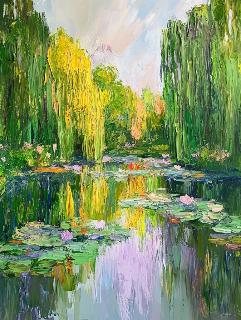 A vibrant oil painting depicts a serene water garden with vibrant green willow trees on either side of a pond. The water is filled with lily pads and pink water lilies, creating a beautiful and tranquil scene. The painting is done in a loose, expressive style with visible brushstrokes, adding to its charm. The light and airy colors create a feeling of peace and tranquility.