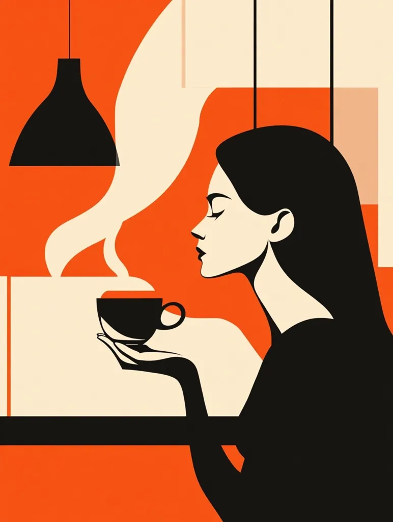 The image depicts a woman sitting at a table, holding a cup of coffee. She is looking down at the coffee, and there is steam rising from the cup. The woman is wearing a black dress, and the table is orange. The background is a mix of orange and white. The image is simple and stylized, with strong lines and bold colors. It creates a sense of calm and tranquility, capturing a moment of quiet contemplation.