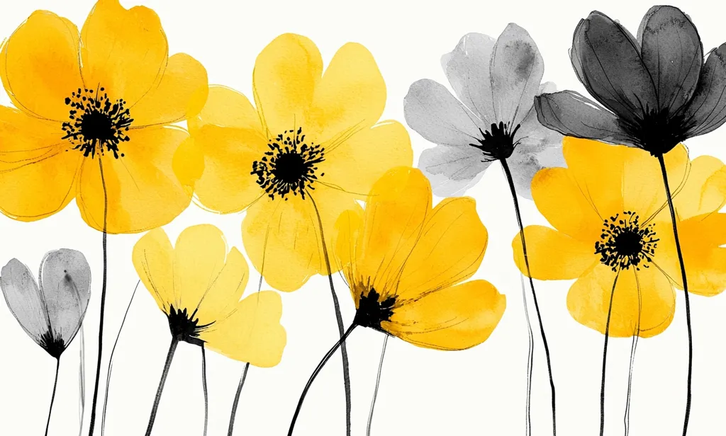 A watercolor painting depicts a cluster of stylized flowers with yellow petals and black centers. The stems are black and thin, and the background is white. Some of the flowers are partially obscured, creating a sense of depth. The painting is reminiscent of a botanical illustration, with a simple and elegant style.