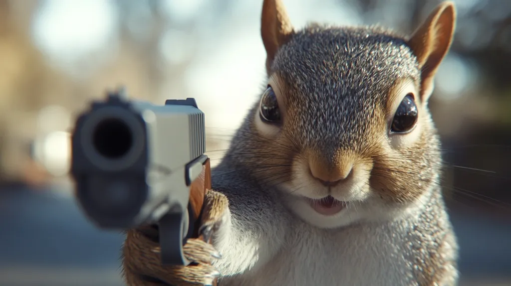 A squirrel is holding a gun in its paws. The squirrel is looking directly at the camera, its eyes are wide and its mouth is slightly open. The background is blurred. The gun is in the foreground, with its barrel pointed directly at the viewer. The squirrel's fur is gray and brown. This image is funny and slightly unsettling. It raises the question of what it would be like if animals had weapons.