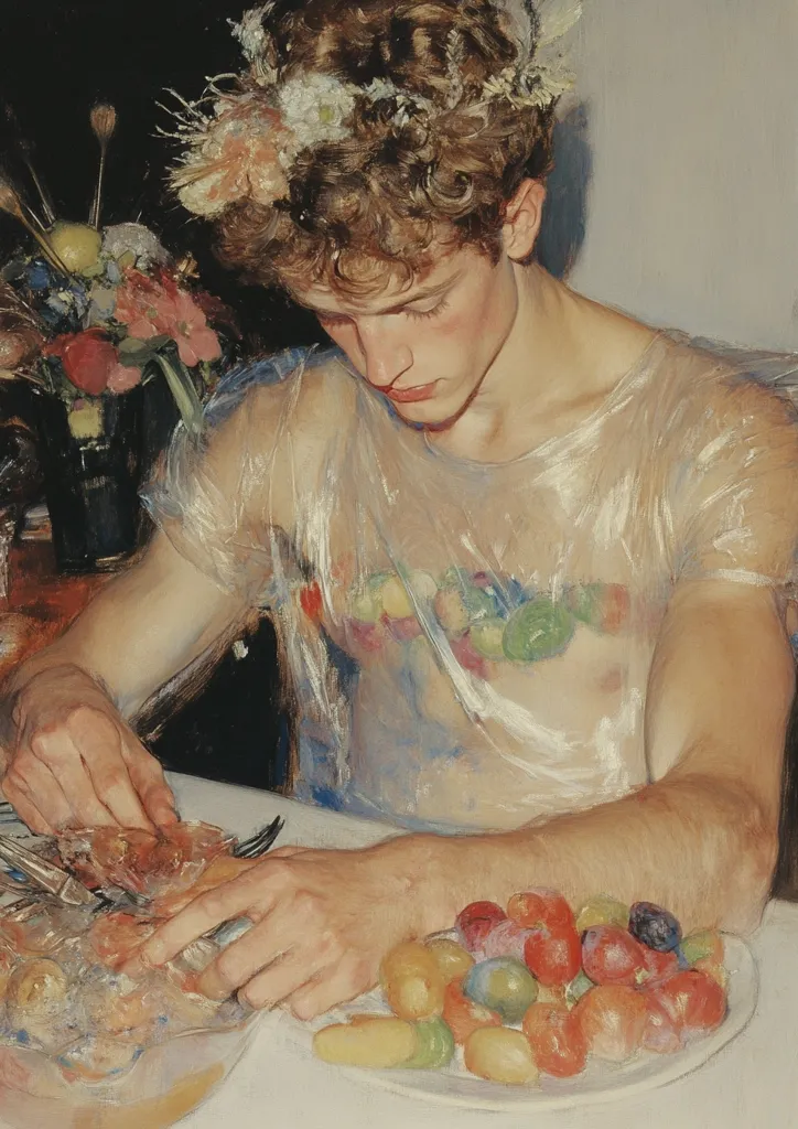 A young man with curly blonde hair, wearing a white shirt and a floral crown, sits at a table with a plate of colorful fruit in front of him. He is looking down at his hands, which are holding a fork and a knife. The image is a painting, and the brushstrokes are visible. The man's expression is neutral. The lighting is soft and warm, casting a glow on the subject. The overall mood of the image is serene and contemplative.