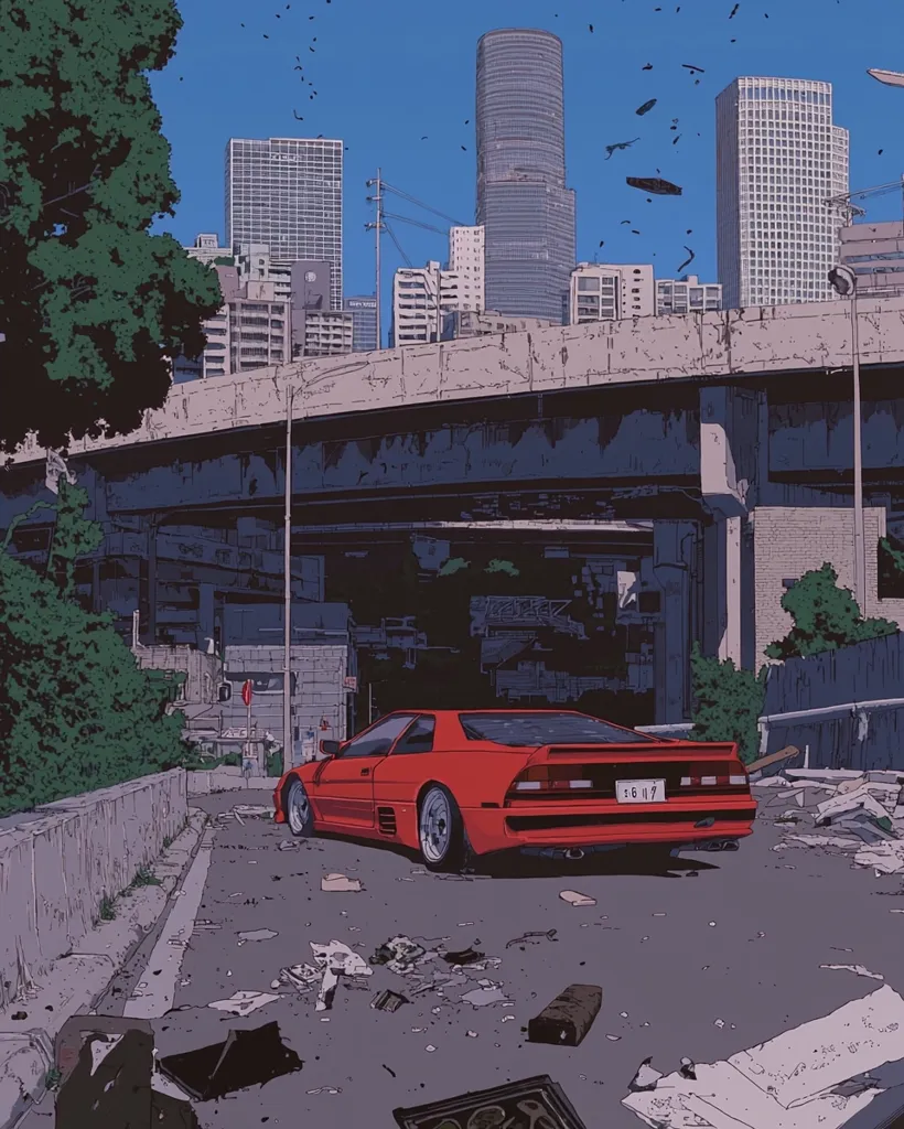 The image is an anime-style illustration of a red sports car parked under a highway overpass. The car is in the foreground, with a cityscape in the background, including tall buildings and a large bridge. There are many details in the image, such as trash on the ground, street lights, and trees. The overall tone of the image is one of loneliness and isolation.