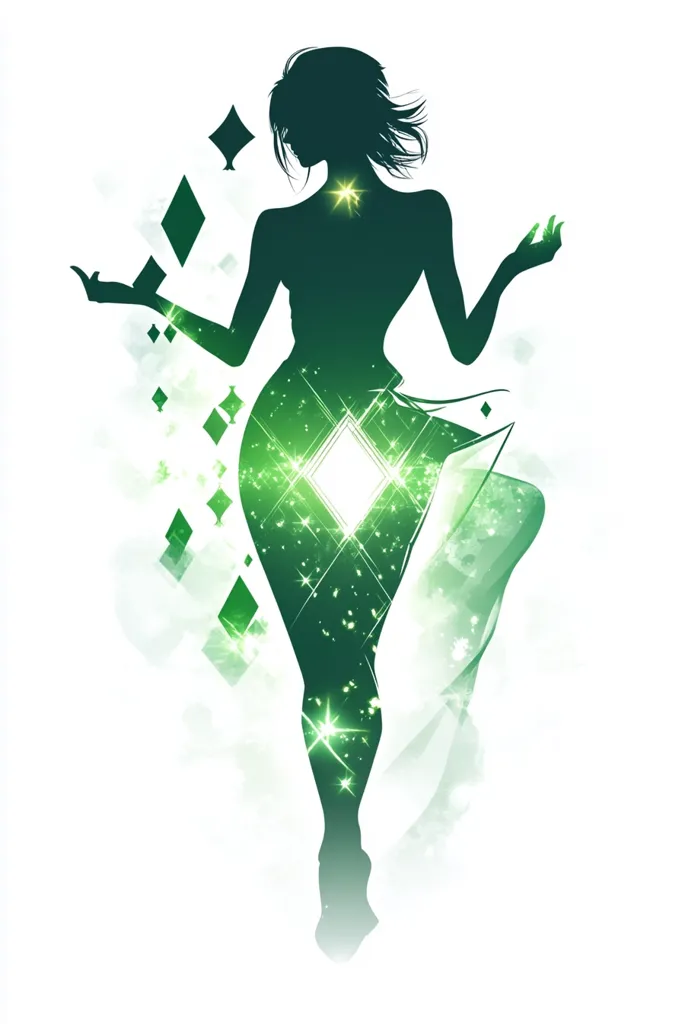 The image features a silhouette of a woman in a flowing dress. She is surrounded by a luminous green aura, comprised of sparkling diamonds and a galaxy of stars. The background is a soft white, emphasizing the ethereal nature of the scene. The woman's pose suggests a graceful and empowered stance, with her hands outstretched. The overall image is visually striking and evokes a sense of magic and wonder.