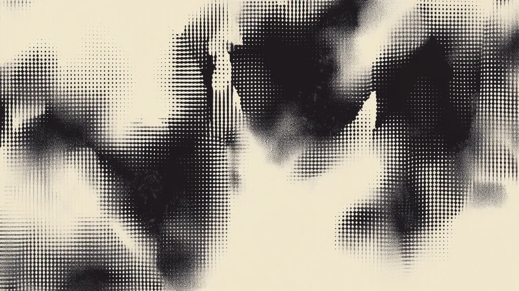 The image is a black and white abstract pattern with a distressed, vintage feel. It consists of large areas of black and white, separated by lines and dots.  The black areas are mostly obscured by the white "noise" of the background, giving a sense of blurred or faded detail. The overall effect is one of rough texture and retro style.