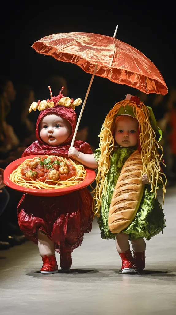 Two babies are dressed up in food-themed costumes. One is dressed as spaghetti and meatballs, complete with a red sauce-covered plate and a red dress. The other is dressed as a baguette sandwich with a lettuce costume and a long loaf of bread. They are both wearing red shoes and walking down a runway. A red umbrella is held above their heads. The babies are adorable and the costumes are very creative.