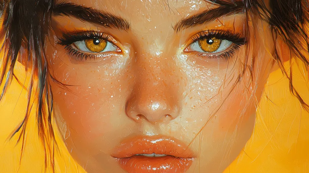 The image is a close-up of a woman's face. Her skin is glowing and her eyes are a bright, golden brown. The woman's lips are slightly parted and her expression is one of serene beauty. The image is painted in a style that is both realistic and impressionistic, with soft, flowing lines and warm colors. The overall effect is one of warmth and sensuality.