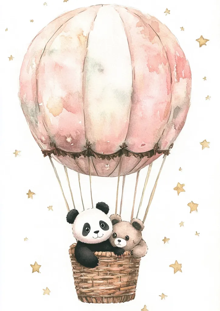 A pink and white hot air balloon floats against a white background scattered with gold stars. Inside the basket, a panda and a teddy bear share the ride, their faces looking out at the viewer. The watercolor illustration has a soft and whimsical feel.
